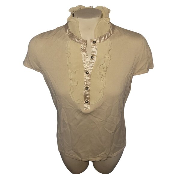 Adrienne Vittadini Studio Beige Short-Sleeve Top With Ruffle & Satin Neck Detail - Picture 1 of 6